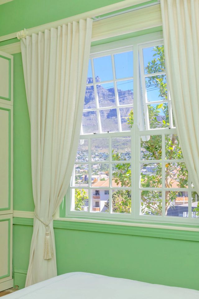 The green room's sash window with Table Mountain outside